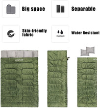 Load image into Gallery viewer, HITORHIKE Double Sleeping Bag with Pillows for Camping, Hiking, Traveling, Backpacking, Queen Size XL Lightweight 2 Person Sleeping Bag for Kids, Teens, Adults, Truck, Tent or Sleeping Pad
